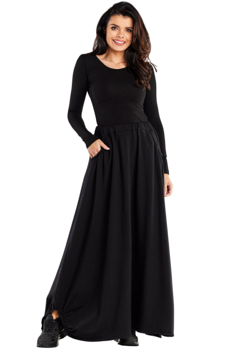 Spódnica maxi trapezowa luźna dresowa gumka w pasie kieszenie czarna M312 Spódnica maxi trapezowa luźna dresowa gumka w pasie kieszenie czarna M312
