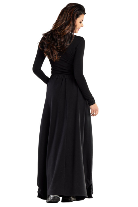 Spódnica maxi trapezowa luźna dresowa gumka w pasie kieszenie czarna M312 Spódnica maxi trapezowa luźna dresowa gumka w pasie kieszenie czarna M312