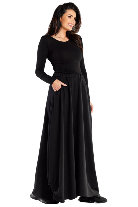 Spódnica maxi trapezowa luźna dresowa gumka w pasie kieszenie czarna M312 Spódnica maxi trapezowa luźna dresowa gumka w pasie kieszenie czarna M312