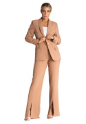 Spodnie damskie klasyczne eleganckie z rozcięciem nogawki brązowe M955
