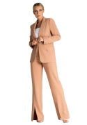 Spodnie damskie klasyczne eleganckie z rozcięciem nogawki brązowe M955
