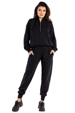 Spodnie damskie dresowe luźne kieszenie guma w pasie bawełniane czarne M317