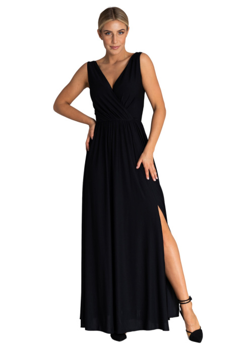 Elegancka sukienka maxi z rozcięciem bez rękawów dekolt V z tyłu czarna M960 Elegancka sukienka maxi z rozcięciem bez rękawów dekolt V z tyłu czarna M960