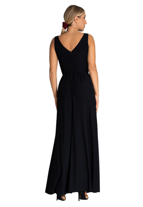 Elegancka sukienka maxi z rozcięciem bez rękawów dekolt V z tyłu czarna M960 Elegancka sukienka maxi z rozcięciem bez rękawów dekolt V z tyłu czarna M960