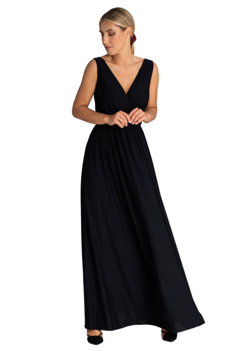 Elegancka sukienka maxi z rozcięciem bez rękawów dekolt V z tyłu czarna M960 Elegancka sukienka maxi z rozcięciem bez rękawów dekolt V z tyłu czarna M960