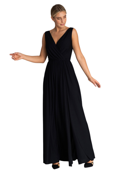 Elegancka sukienka maxi z rozcięciem bez rękawów dekolt V z tyłu czarna M960 Elegancka sukienka maxi z rozcięciem bez rękawów dekolt V z tyłu czarna M960