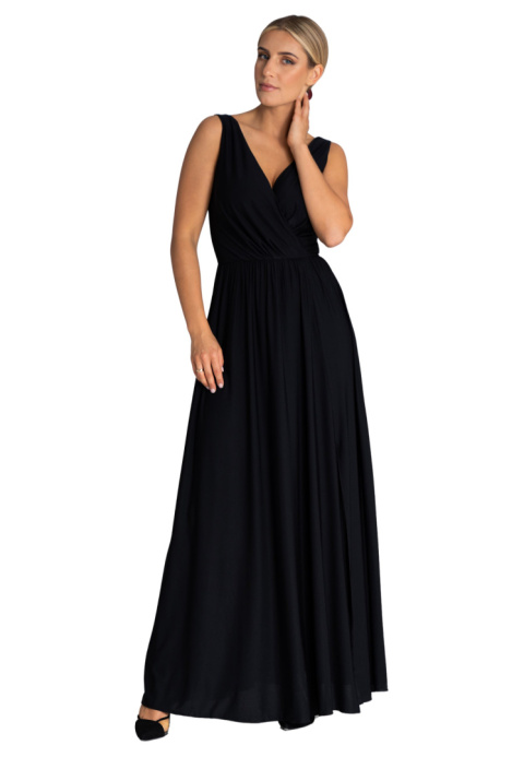 Elegancka sukienka maxi z rozcięciem bez rękawów dekolt V z tyłu czarna M960 Elegancka sukienka maxi z rozcięciem bez rękawów dekolt V z tyłu czarna M960