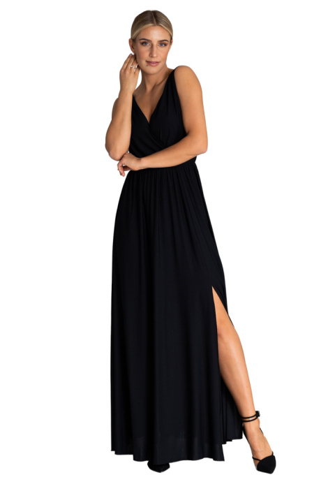 Elegancka sukienka maxi z rozcięciem bez rękawów dekolt V z tyłu czarna M960 Elegancka sukienka maxi z rozcięciem bez rękawów dekolt V z tyłu czarna M960