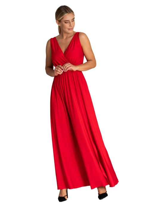 Elegancka sukienka maxi z rozcięciem bez rękawów dekolt V z tyłu czerwona M960 Elegancka sukienka maxi z rozcięciem bez rękawów dekolt V z tyłu czerwona M960