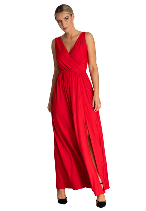Elegancka sukienka maxi z rozcięciem bez rękawów dekolt V z tyłu czerwona M960 Elegancka sukienka maxi z rozcięciem bez rękawów dekolt V z tyłu czerwona M960