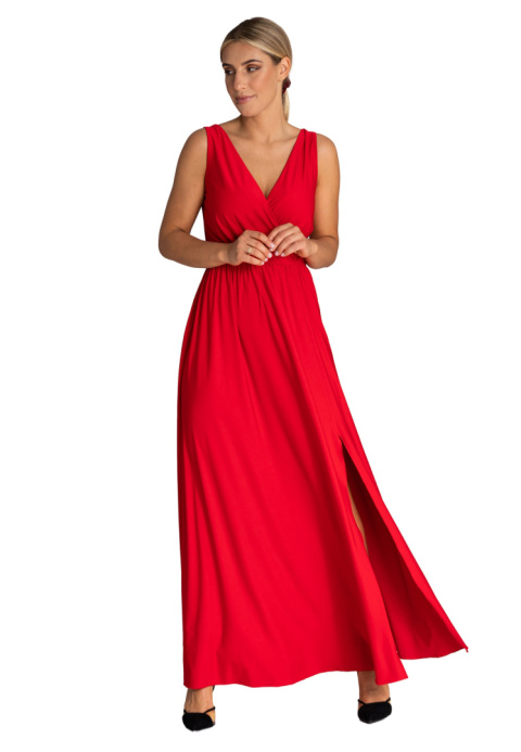 Elegancka sukienka maxi z rozcięciem bez rękawów dekolt V z tyłu czerwona M960 Elegancka sukienka maxi z rozcięciem bez rękawów dekolt V z tyłu czerwona M960