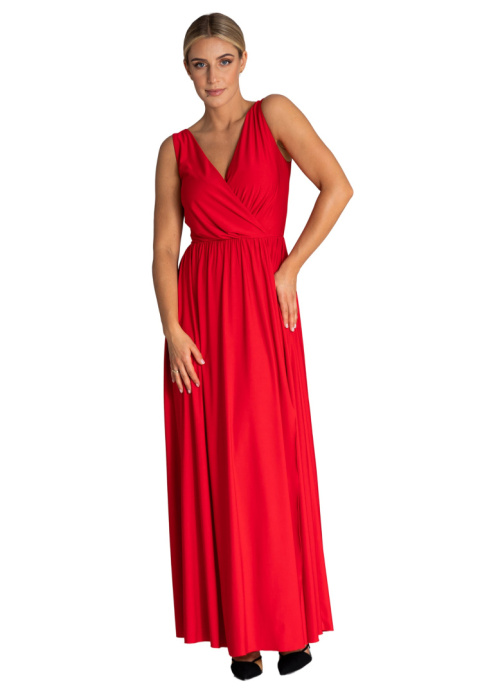 Elegancka sukienka maxi z rozcięciem bez rękawów dekolt V z tyłu czerwona M960 Elegancka sukienka maxi z rozcięciem bez rękawów dekolt V z tyłu czerwona M960