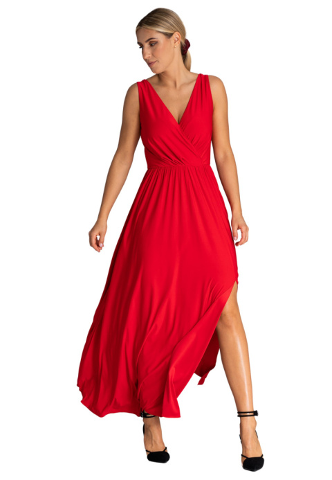 Elegancka sukienka maxi z rozcięciem bez rękawów dekolt V z tyłu czerwona M960 Elegancka sukienka maxi z rozcięciem bez rękawów dekolt V z tyłu czerwona M960