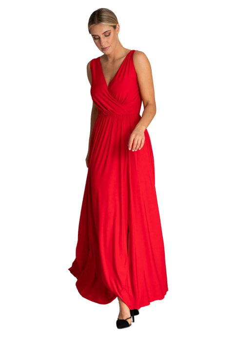 Elegancka sukienka maxi z rozcięciem bez rękawów dekolt V z tyłu czerwona M960 Elegancka sukienka maxi z rozcięciem bez rękawów dekolt V z tyłu czerwona M960