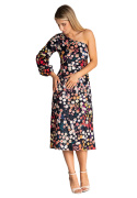 Sukienka midi na jedno ramię w kwiaty odcięta w pasie czarna wzór 122 M961