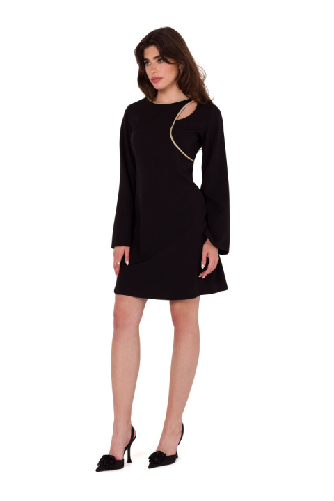 Sukienka mini elegancka łezka w dekolcie długi szeroki rękaw czarna K181 Sukienka mini elegancka łezka w dekolcie długi szeroki rękaw czarna K181