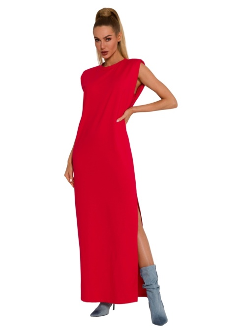 Sukienka maxi oversize bez rękawów poduszki na ramionach dzianinowa czerwona me790 Sukienka maxi oversize bez rękawów poduszki na ramionach dzianinowa czerwona me790