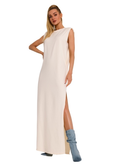 Sukienka maxi oversize bez rękawów poduszki na ramionach dzianinowa śmietankowa me790 Sukienka maxi oversize bez rękawów poduszki na ramionach dzianinowa śmietankowa me790