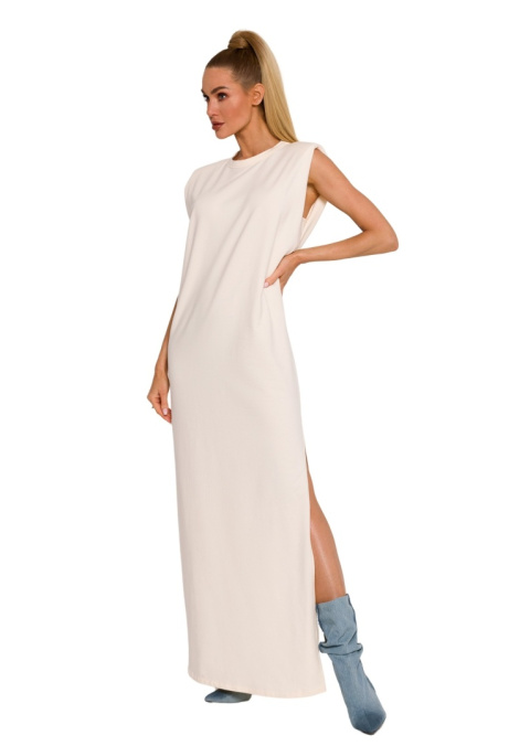 Sukienka maxi oversize bez rękawów poduszki na ramionach dzianinowa śmietankowa me790 Sukienka maxi oversize bez rękawów poduszki na ramionach dzianinowa śmietankowa me790