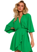Sukienka mini kopertowa rozkloszowana nietoperzowy rękaw wiązanie zielona me785