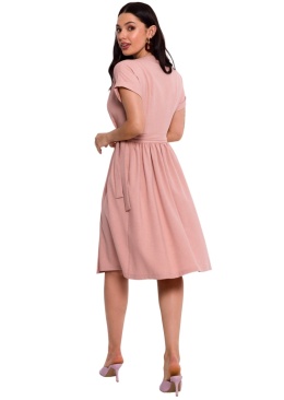 Sukienka kopertowa midi rozkloszowana krótki rękaw dekolt V różowa B279