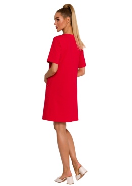 Sukienka mini trapezowa fason A krótki rękaw kieszenie dzianinowa czerwona me788