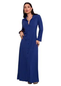 Sukienka maxi z wiskozy rozpinana długi rękaw kołnierzyk niebieska B285
