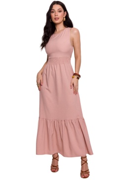 Sukienka maxi bez rękawów gumka w talii falbana odkryte plecy różowa B281