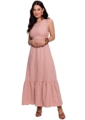 Sukienka maxi bez rękawów gumka w talii falbana odkryte plecy różowa B281
