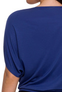 Bluzka damska nietoperz z wiskozy opadający dekolt krótki rękaw niebieska B287