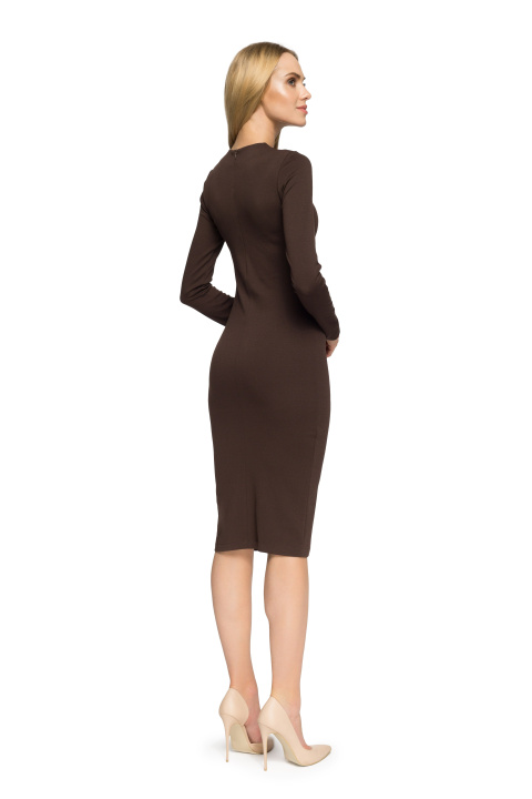 Elegancka sukienka ołówkowa midi elastyczna długi rękaw brązowa S033 Elegancka sukienka ołówkowa midi elastyczna długi rękaw brązowa S033