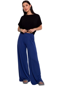 Spodnie damskie z wiskozy poszerzane z zakładką guma w pasie niebieskie B289