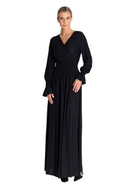 Sukienka maxi rozkloszowana długi rękaw dekolt V czarna M940