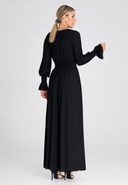 Sukienka maxi rozkloszowana długi rękaw dekolt V czarna M940