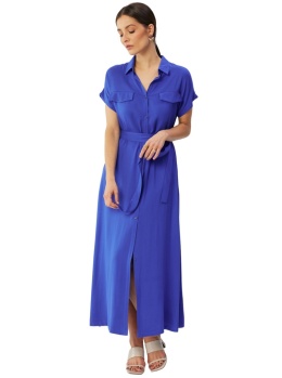 Sukienka maxi z wiskozy rozpinana krótki rękaw kołnierzyk pasek niebieska S364