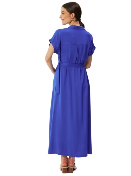 Sukienka maxi z wiskozy rozpinana krótki rękaw kołnierzyk pasek niebieska S364