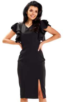 Sukienka midi dopasowana dekolt serek krótki rękaw z falbaną czarna A634