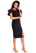 Sukienka midi dopasowana dekolt serek krótki rękaw z falbaną czarna A634