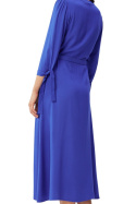 Sukienka midi z wiskozy fason A rozpinana dekolt V rękaw 7/8 niebieska S365