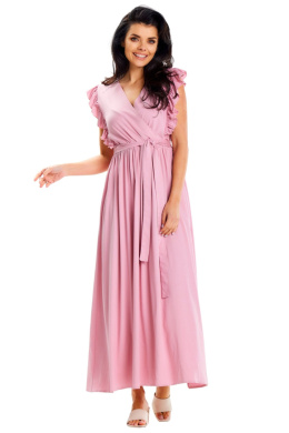 Sukienka letnia maxi bez rękawów dekolt kopertowy V wiskoza różowa A638