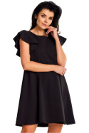 Sukienka trapezowa mini bez rękawów okrągły dekolt falbanki czarna A643