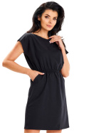 Sukienka mini prosta letnia z gumką w pasie krótki rękaw kieszenie czarna A646