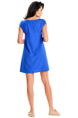 Sukienka elegancka trapezowa mini luźna krótki rękaw gładka niebieska A647