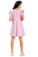 Sukienka trapezowa mini bez rękawów okrągły dekolt falbanki różowa A643