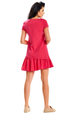 Sukienka trapezowa mini krótki rękaw asymetryczna falbanka różowa A644
