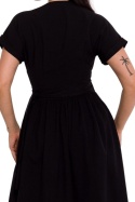 Sukienka kopertowa midi rozkloszowana krótki rękaw dekolt V czarny B279