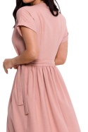 Sukienka kopertowa midi rozkloszowana krótki rękaw dekolt V różowa B279