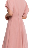 Sukienka rozkloszowana midi krótki nietoperzowy rękaw dekolt V różowa B278
