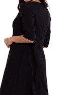 Sukienka trapezowa midi z dekoltem V króki rękaw kieszenie czarna B280