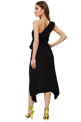 Sukienka midi z falbaną na jedno ramię bez rękawów taliowana czarna K185
